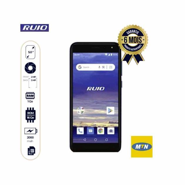 RUIO 4G - Smartphone - 16Go/1Go RAM - 5MP/2MP - 2000mAh - 5,0" - 4G - Dual Sim - 6 mois - Bonus 39900 FCFA Appels MTN - 20Go Internet
