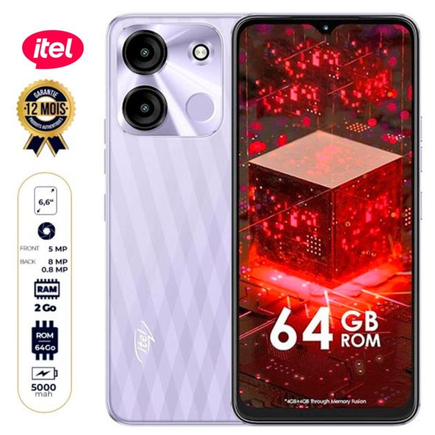 Itel A60s - 64 Go/2Go RAM - 6.6" - 2 Nano SIM - 8MP+0.8 MP/5MP - 5000mAh - Empreinte digitale - Garantie 12 Mois