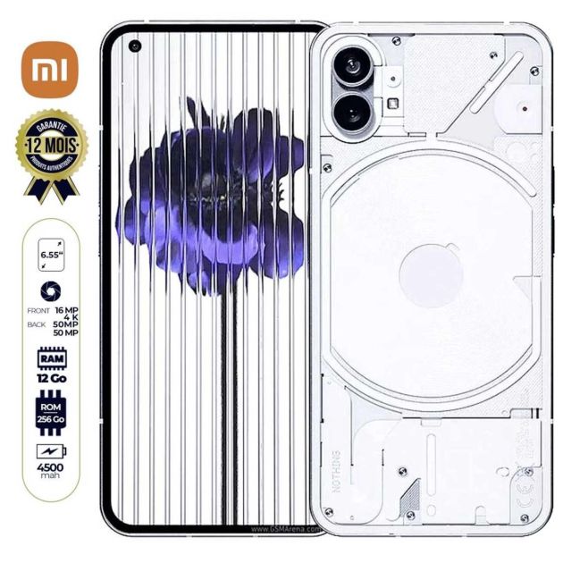 Nothing Phone 1 - Dual Sim - 6.55 pouces - 256 Go / 12 Go Ram - 50Mp+50Mp 4K /16Mp - 4500mAh - 12 Mois