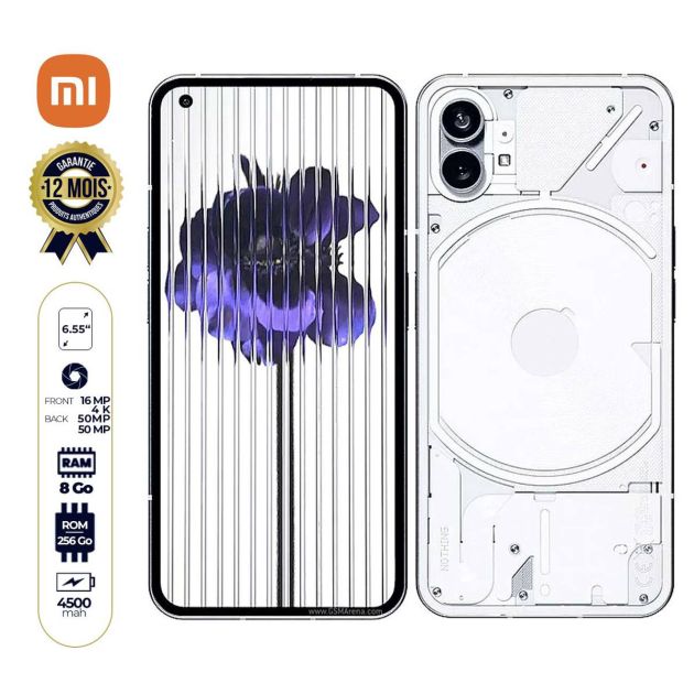 Nothing Phone (1) - Dual Sim - 6.55 pouces - 256 Go / 8 Go Ram - 50Mp+50Mp 4K /16Mp - 4500mAh - 12 Mois