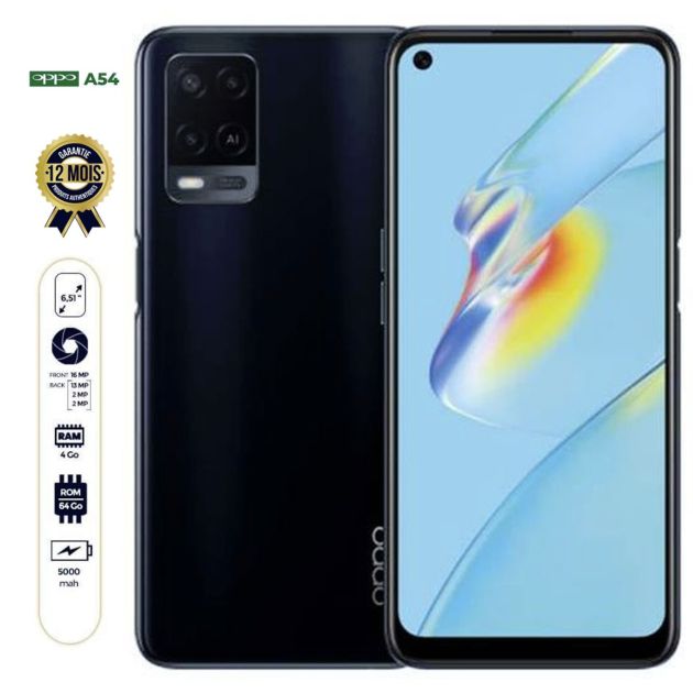 OPPO A54 - 64 Go/4Go RAM - 6,51" - 2 Nano SIM - 13MP+2MP+2MP/16MP - 5000mAh - Garantie 12 mois