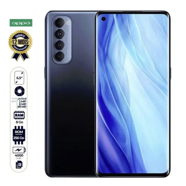 Oppo Reno4 Pro - 256 Go/8Go RAM - 6,5"- 2 Nano SIM - 48MP+8MP+2MP+2MP/32MP - 4000mAh - Empreinte digitale - 12 mois de garantie