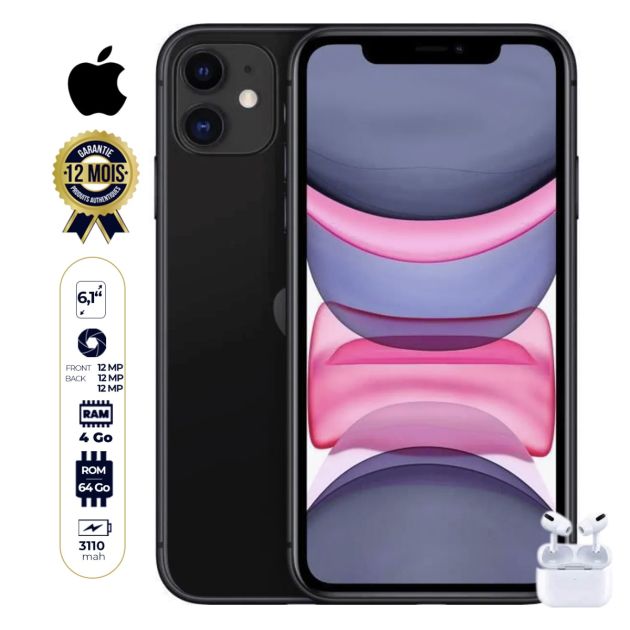 Pack APPLE - Iphone 11- 64Go/4Go RAM + Airpods Pro - 24 mm - Bluetooth 5.0 