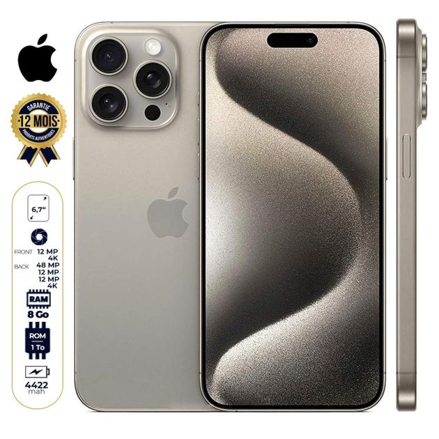 iPhone 15 Pro Max - 1To/8Go - 6,7" - Apple A17 Pro - Nano SIM physique et e-sim - 48 MP+12MP+12MP/12MP - 4422mAh - Version internationale - Garantie 12 mois 
