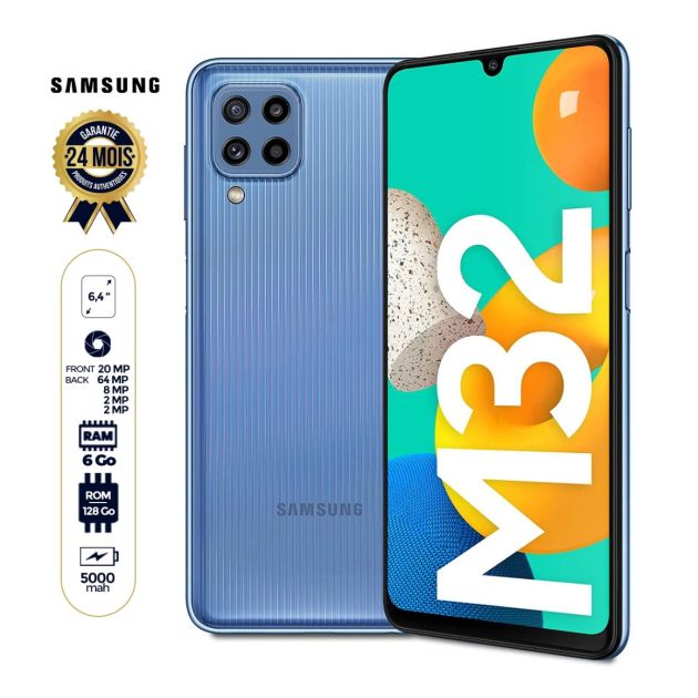 Samsung M32 - (version Globale) - Smartphone - 128Go/6Go - 6.4" - 64MP+8MP+2MP+2MP /20MP - 5000mAh - Garantie 12 Mois