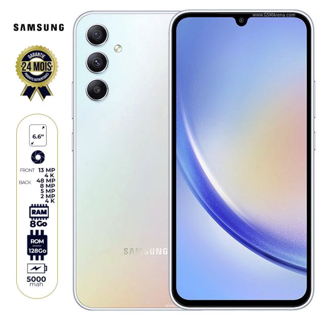 Samsung Galaxy  A34 5G  - 128 Go/ 8Go RAM - 6.6" - 2 Nano SIM - 48MP+8MP+5MP+2MP/13MP - 5000 mAh - Garantie 24 Mois + Glass Offerte