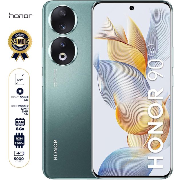 Honor 90 - 256 Go/8Go RAM - 6.7" - Dual Nano SIM - 200MP + 12MP + 2MP /50MP - 5000mAh - Empreinte Digitale - Garantie 12 mois