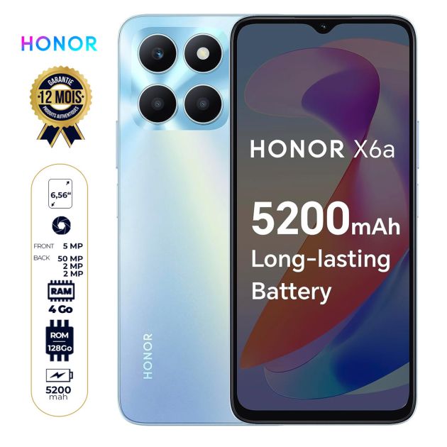 Honor X6a - 128 Go/4Go RAM - 6.56" - Dual Nano SIM - 50MP + 2MP + 2MP/5MP - 5200mAh - Empreinte Digitale - Garantie 12 mois