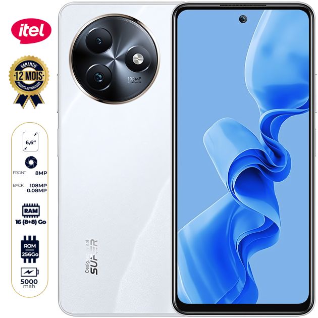 Smartphone itel S24 - 256 Go - 16 Go (8 Go + 8 Go) RAM - 6,6" - Double Nano SIM - 108 MP + 0,08MP/8MP - 5000 mAh - Garantie 12 mois