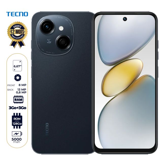 Tecno Pop 9 (KL4) - 128 Go - 3 Go + 3 Go de RAM - 6,67" - 13MP/8MP -  5000 mAh - Double Nano sim - 4G LTE - Avec empreinte digitale - télécommande infrarouge - Garantie 12 mois