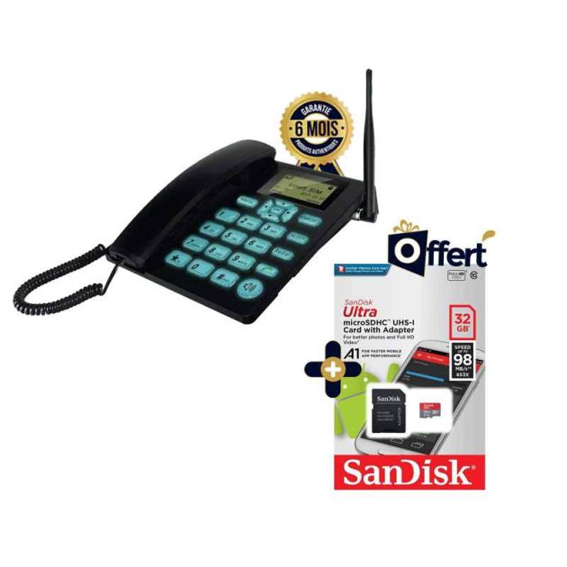 Téléphone fixe GSM LS820 - 2 Cartes SIMS - Radio FM + Carte mémoire Sandisk ultra 32Go Offerte - 6 mois de garantie
