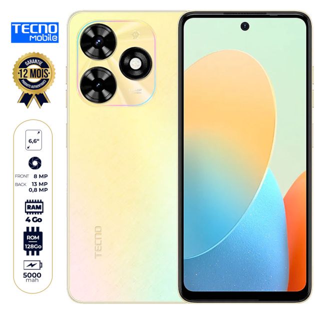 Tecno Pop 8 - 128 Go/4Go RAM - 6.6" - 5000mAh - 13MP/8MP - Dual Nano SIM - 4G LTE - Empreinte digitale - Garantie 12 Mois