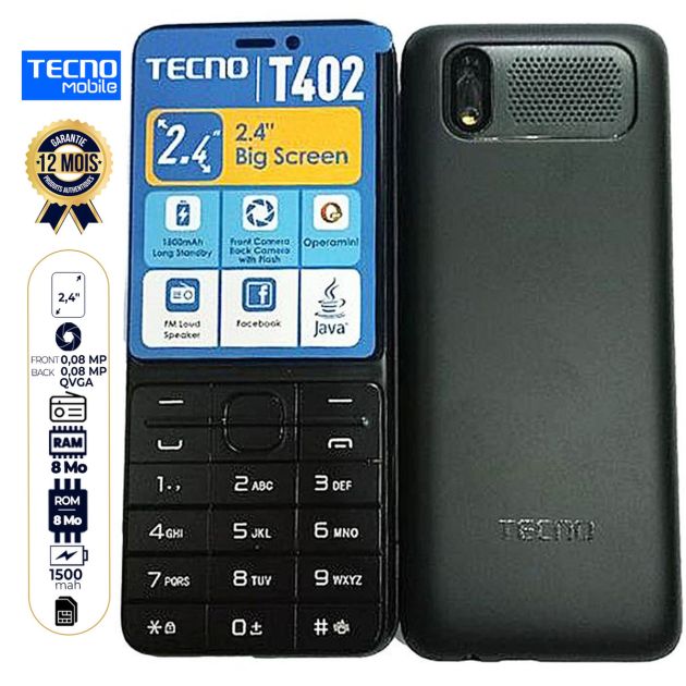 Téléphone Tecno T402 - 2.4" - 8Mo/8 Mo RAM - 1500 mAh - FM sans fil - Triple Sim - Garantie 12 Mois