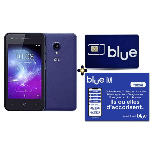 Téléphone ZTE BLADE L130 + 1SIM BLUE + Appels 6000 FCFA tous réseaux + 4.5 Go volume data + 200 SMS valide 1 Mois