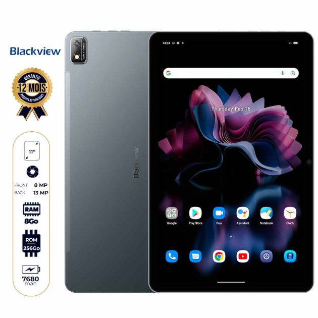 Tablette Android Blackview Tab 16 - Double SIM 4G - 256 Go -  8Go RAM - 11" - 13MP/8MP - 7680 mAh - Garantie 12 mois