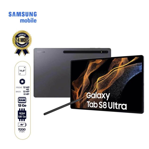 Tablette Samsung Galaxy Tab S8 Ultra Wifi - 14.6" - 128 Go/12Go - 13MP - 11200mAh - 24 mois de garantie