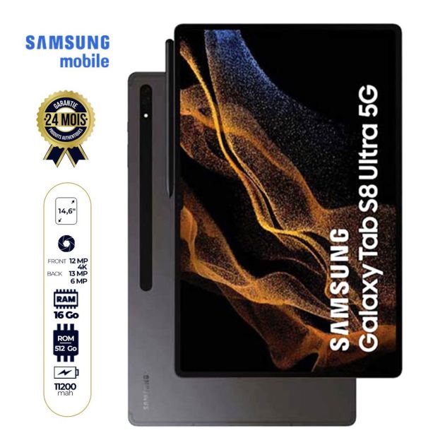 Tablette Samsung Galaxy Tab S8 Ultra 5G - 14.6" - 512 Go/12Go - 13MP - 11200mAh - 24 mois de garantie