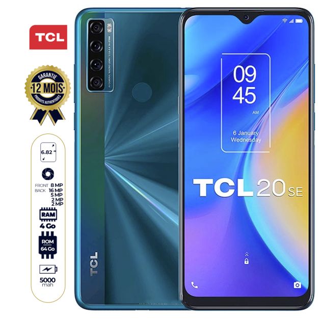 TCL 20 SE  - 64Go/4 Go - 6.82" - DEUX nano sim - 16MP+5MP+2MP+2MP/8MP - 5000mAh - Garantie 12 mois