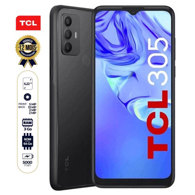 TCL 305 -  6.22 " - 64 Go/3 Go RAM - Nano SIM - 13MP+2MP/5MP -  5000mAh - Garantie 12 Mois