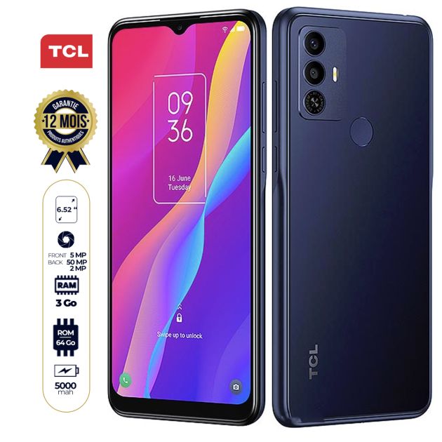TCL 30E -  64Go/ 3Go - 6.52" - DEUX nano sim - 50MP+2MP/5MP - 5000mAh - Garantie 12 mois