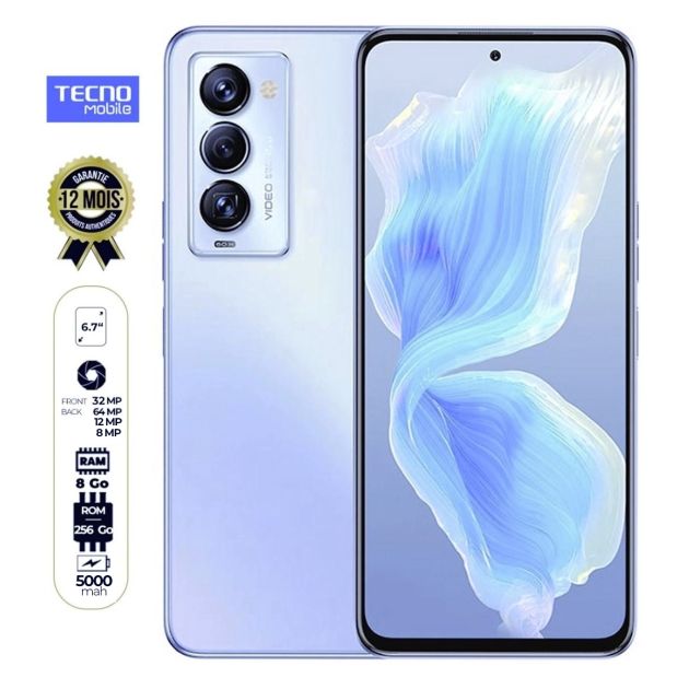 Tecno Camon 18 Premier - (CH9) - 6.7" - 256 Go/8Go RAM - 2 SIM - 64MP/32MP - 5000mAh - 12 mois de garantie