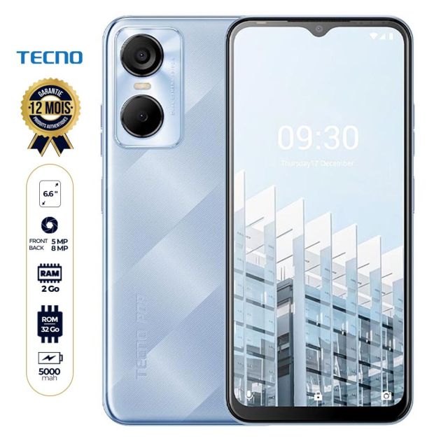 TECNO POP 6 Pro - (BE8) - 32Go/2Go - 6.6" - 5000mAh - 8MP/5MP - Dual Nano sim - 4G LTE - Avec empreinte digitale - Garantie 12 mois