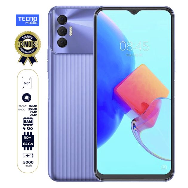 Tecno Spark 8P (kg7) - 128Go/4Go - 50MP+2MP /8MP - 6.6" - 5000mAh - 13 Mois de Garantie