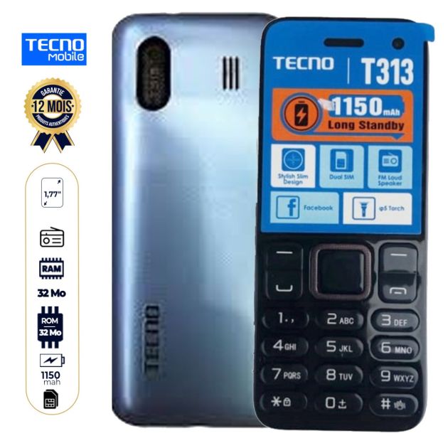 Téléphone portable Tecno T313 - 1,77" - Dual Sim - Appareil Photo - Radio FM - 1150 mAh - Garantie 12 Mois