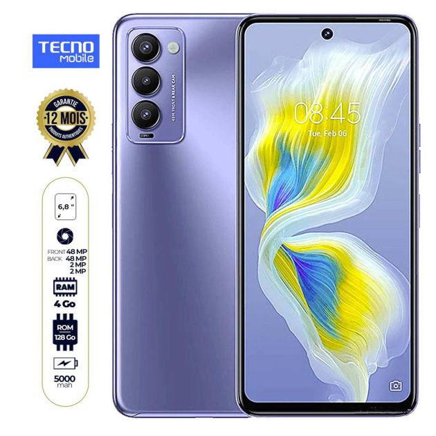 Tecno Camon 18T - 6.8"- 128Go/4Go - 48MP/48MP - DUAL nano sim - 5000mAh - 13 mois