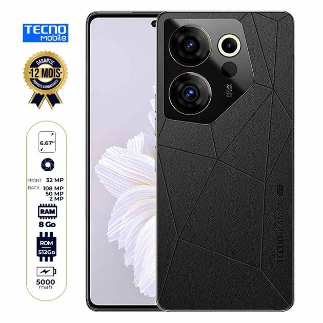 TECNO Camon 20 Premier 5G - 512 Go/8Go RAM - 6.67" - Dual Nano Sim - 50MP+108MP+2MP/32MP - 5000mAh - Empreinte digitale - Garantie 12 mois