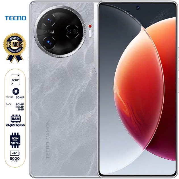 Tecno Camon 30 Pro 5G - 512 Go - 24Go (12Go + 12Go) RAM - 6.78" - Dual Nano Sim - 50MP + 50MP + 2MP/50MP - 5000mAh - Garantie 12 mois