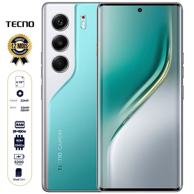 Tecno Camon 40 - 256 Go - 8 Go + 8 Go RAM Extensible - 6,78" AMOLED incurvé 120 Hz - Double Nano Sim - 50MP + 8MP/32MP - 5200 mAh - Garantie 12 mois
