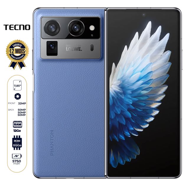 Tecno Phantom V Fold2 - 512 Go - 12 Go RAM - Écran externe pliable 7,85" + 6,42" - 2 Nano SIM - 50MP+50MP+50MP/32MP+32 MP - 5750 mAh - Garantie 12 mois