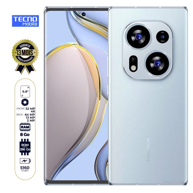 Tecno PHANTOM X2 - écran incurvé 6.8" - 256 Go/8Go RAM - 2 SIM - 64MP+13MP+2MP 4K/32MP - 5160mAh - Garantie 13 Mois