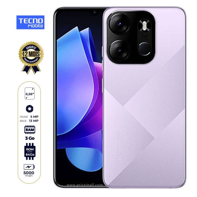 TECNO POP 7 Pro - (BF7) - 64Go/3Go RAM - 6.56" - 5000mAh - 13MP/5MP - Dual Nano sim - 4G LTE - Avec empreinte digitale - Garantie 12 mois