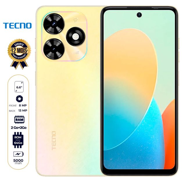 Tecno Pop 8 - 64 Go -  2 Go + 2 Go RAM Extensible  - 6.6" - 5000mAh - 13MP/8MP - Dual Nano SIM - 4G LTE - Garantie 12 Mois
