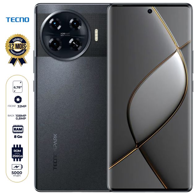 Tecno Spark 20 Pro+ - 256 Go - 8 Go RAM - Écran incurvé 6,78" - 108MP/32MP - Double Nano SIM - 5000mAh - Garantie 12 mois