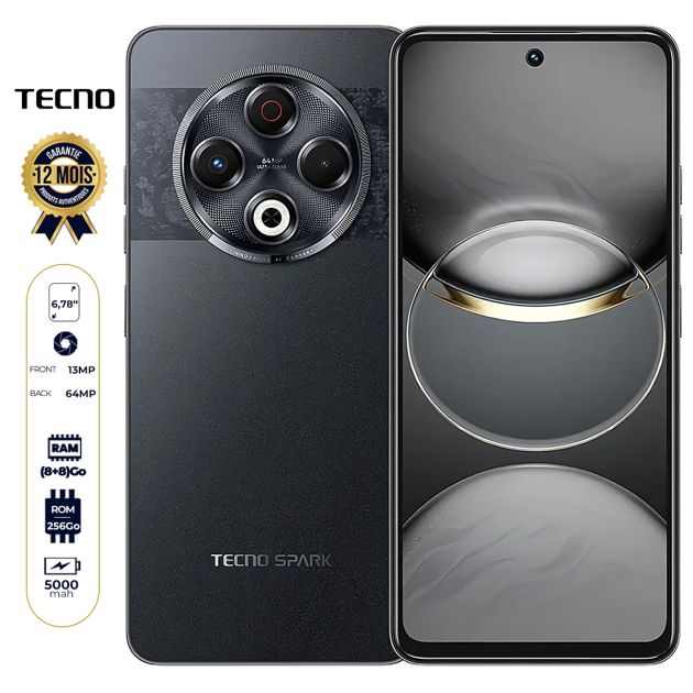 Tecno Spark 30 - 256 Go - 8 Go + 8 Go RAM extensible - 6,78" - 64 MP/13 MP - Dual Nano Sim - 5000 mAh - Avec empreinte digitale - 12 mois de garantie