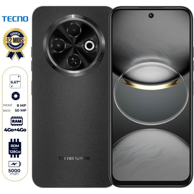 Tecno Spark 30C (KL5) - 128 Go - 4 Go + 4 Go RAM - 6,67" - 50 MP/8 MP - Double Nano Sim - 5000 mAh - 4G LTE - Avec empreinte digitale - Garantie 12 mois