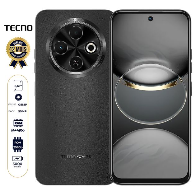 Tecno Spark 30C - 256 Go - 4 Go + 4 Go RAM - 6,67" - 50 MP/8 MP - Double Nano Sim - 5000 mAh - 4G LTE - Avec empreinte digitale - Garantie 12 mois