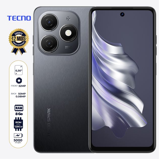 Tecno Spark 20 (kj5) - 128Go - 8Go RAM - 6.56" - 50MP/32MP - Dual Sim - 5000mAh - Garantie 12 mois + Data MTN gratuits