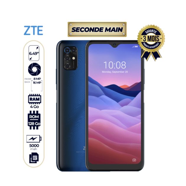 ZTE BLADE 128/4Go - Bleu - Seconde main - 6.49 - Dualsim - 16MP/8MP - 5000mAh - Chargeur - 03 mois