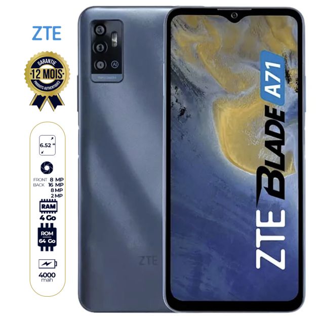 ZTE Blade A71 - 6.52 pouces - Dual Sim - 64Go/4Go Ram - 16MP+8MP+2MP/8MP - 4000mAh - 12 Mois